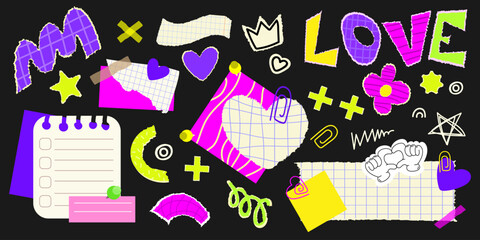 Scrapbook collage elements set with doodles, paper notes, and colorful stickers on a black. Drawing elements like hearts, stars, text.Great for digital designs,backgrounds, creative projects.Vector