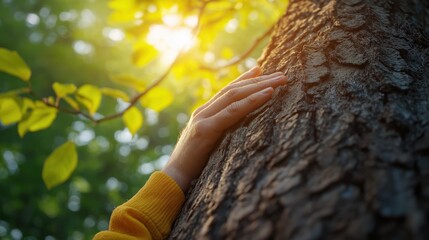 Hand touching tree bark with sunlight filtering through leaves
