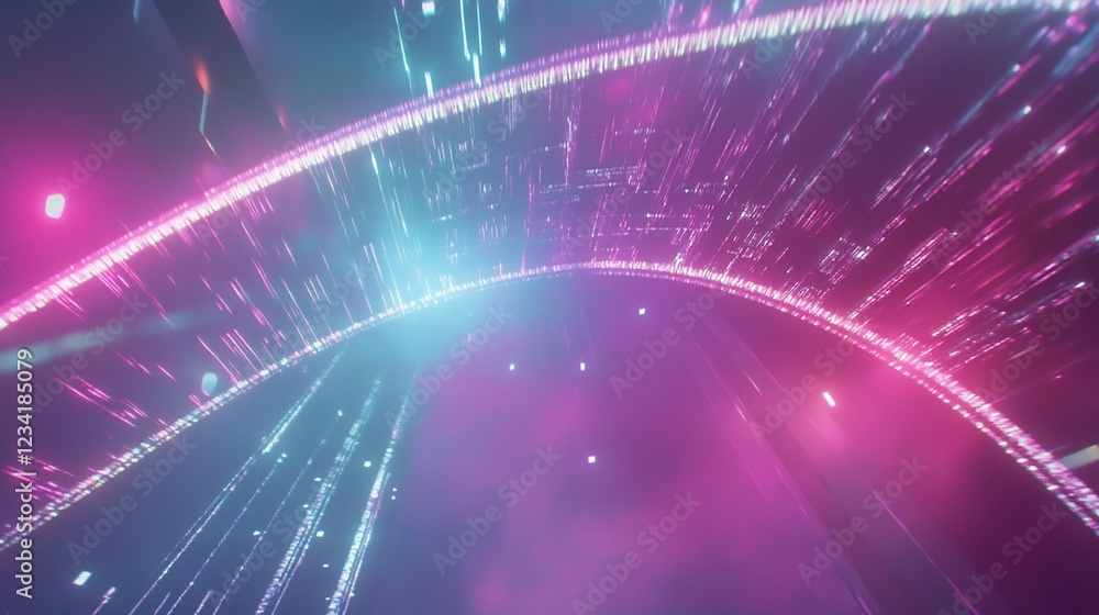 Poster abstract neon tunnel of light and data streams