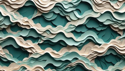 Abstract layered paper-cut design in soothing earth tones like snow, cream, and teal, creating depth and tranquility, shadows blending seamlessly for a 3D effect