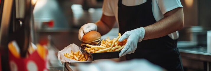 A fast-food worker serving a tray of fries and a burger to a customer