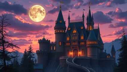 Enchanting fairy tale castle in a glowing twilight sky, dreamy fantasy illustration