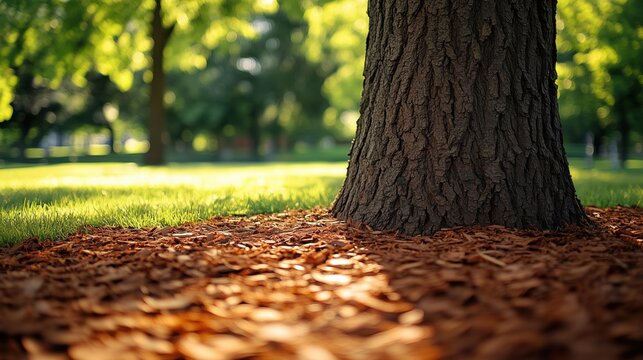 Tree base surrounded by mulch in soft sunlight
