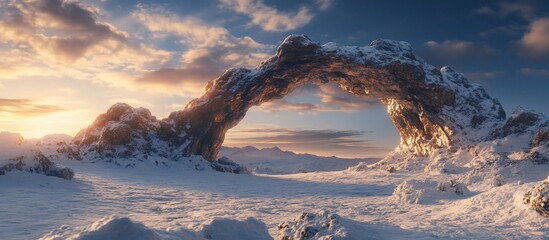 Snowy mountain arch sunrise landscape; winter wonderland background