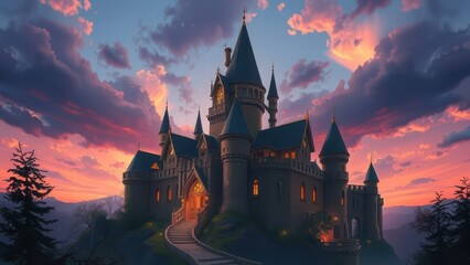 Enchanting fairy tale castle in a glowing twilight sky, dreamy fantasy illustration