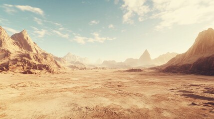 Naklejka premium Desert landscape, sunlit valley, mountains, haze, travel brochure
