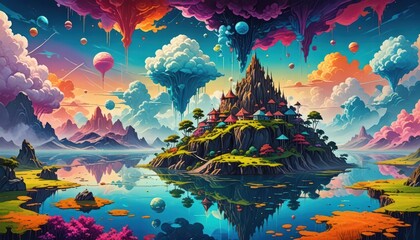 Abstract dreamscape with floating islands and fluid sky, surreal digital painting, vibrant colors