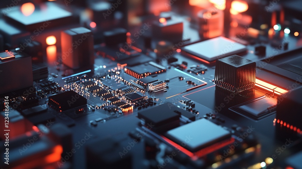 Poster abstract rendering of a circuit board with glowing lights and geometric shapes