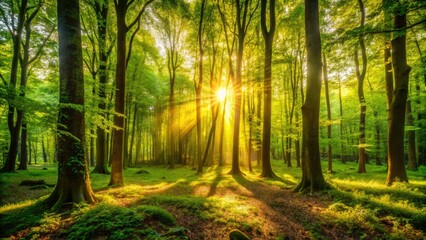 Obraz premium Golden sunlight filters through a minimalist woodland canopy.