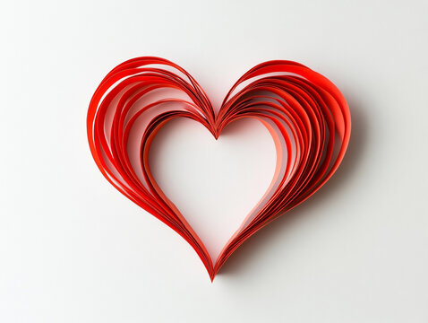 A striking heart formed from red paper layers rests on a smooth white surface, embodying minimalism with its clean lines and vibrant color, perfect for Valentine’s Day inspiration. Generative AI - Powered by Adobe