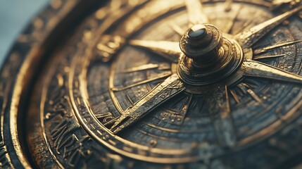 Antique compass spinning, golden detail, dark background, navigation