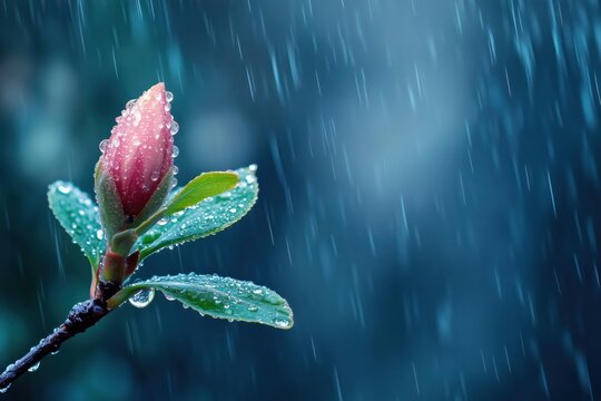 Close-up of a red flower bud with raindrops in the rain
