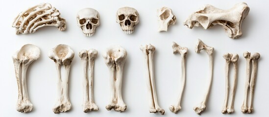 Human skull & bones arranged on white, medical study background