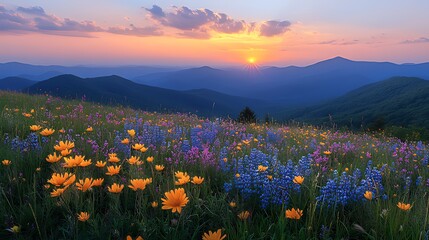 Fototapeta premium Sunset mountain meadow wildflowers landscape