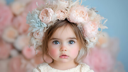 Fototapeta premium Toddler girl flower crown portrait, pastel background, studio shot, website banner