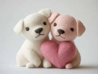 Two adorable felt puppies, one white and one pink, sit close together, holding a charming pink heart. Their soft colors create a warm atmosphere perfect for Valentine's Day celebration. Generative AI
