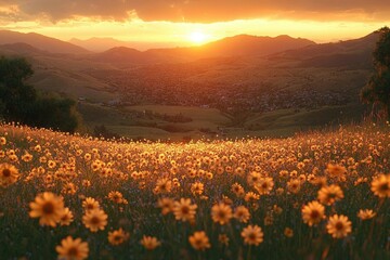 Fototapeta premium Vibrant Sunset Over Rolling Hills and a Field of Yellow Flowers