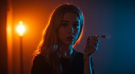 Woman Smoking in Dramatic Blue Orange Lighting Photography