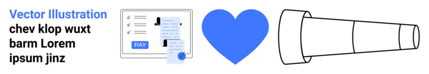 Credit card form and payment screen, blue heart for emotion, and telescope for future vision. Ideal for fintech, love, exploration, futuristic themes, innovation, and creativity abstract line flat