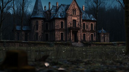 Obraz premium Creepy stone mansion, twilight forest, abandoned, mystery, game background