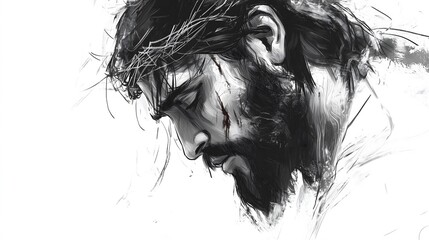 Fototapeta premium Expressive Black-and-White Sketch of Jesus Christ Wearing a Crown of Thorns
