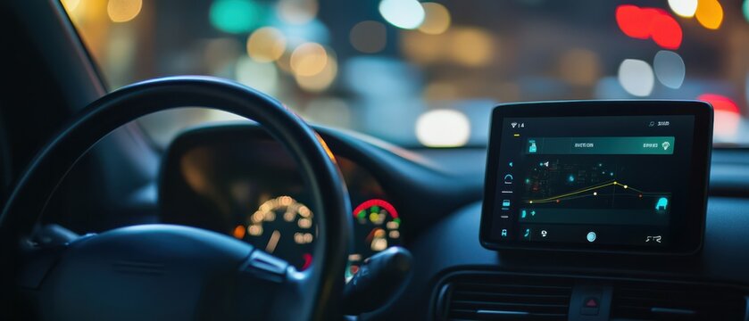 Car dashboard digital screen showing ride-sharing app with active route