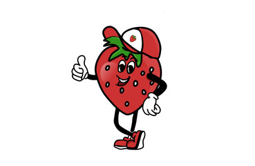Strawberry mascot character wearing cartoon fruit hat giving thumbs up