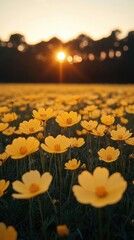 Yellow Cosmos Field at Sunset