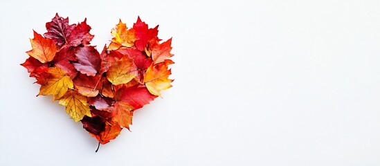 Autumn leaves heart shape on white background