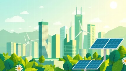 Eco-friendly city concept, green skyscrapers, wind turbines, and solar panels, modern vector style