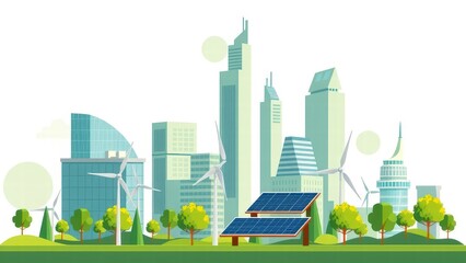 Eco-friendly city concept, green skyscrapers, wind turbines, and solar panels, modern vector style