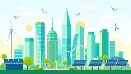 Eco-friendly city concept, green skyscrapers, wind turbines, and solar panels, modern vector style