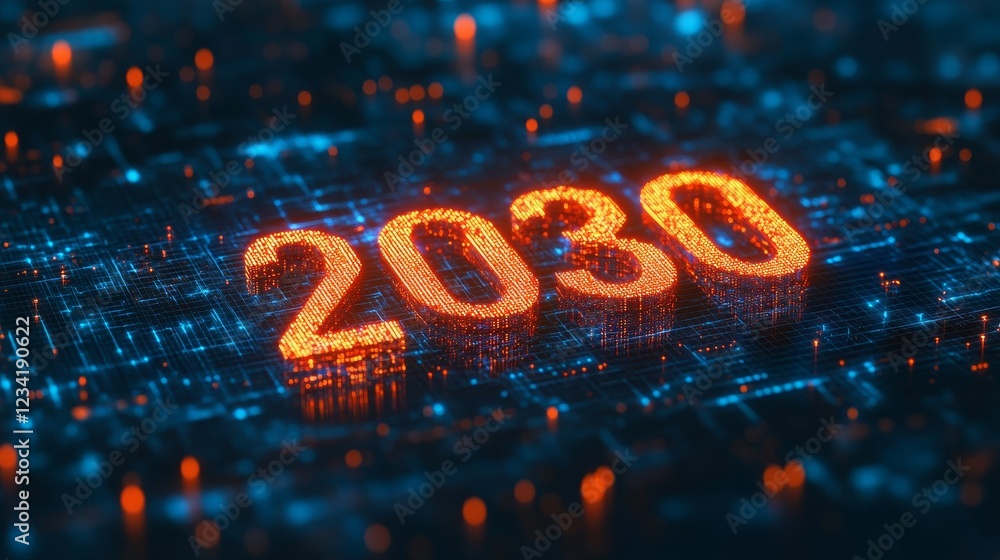 Poster glowing digital number 2030 futuristic style on digital abstract background 3d. rendering