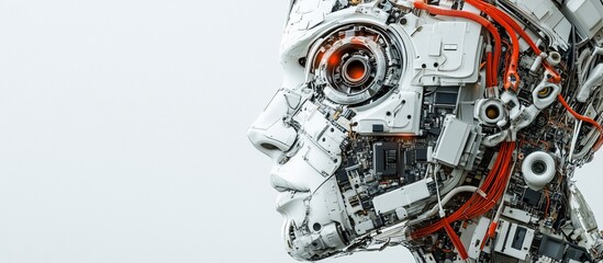 Fototapeta premium Robotic head profile, exposed mechanics, white background, AI concept