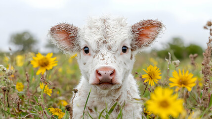 Obraz premium Adorable calf in yellow flower field, spring