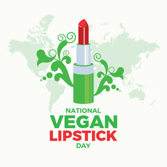 National Vegan Lipstick Day poster vector illustration. Red vegan lipstick with green ornamental leaves icon vector. Template for background, banner, card. February 28. Important day