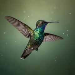 Fototapeta premium A tiny hummingbird hovering mid-air, its iridescent green feathers shimmering.