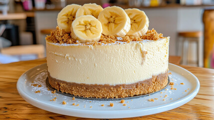 Banoffee, Delicious banoffee cheesecake featuring a thick biscuit crust, perfect for dessert lovers and food photography enthusiasts.