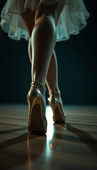 Sensual and elegant movement of a female dancer wearing golden high heels in a dance studio, showcasing balance, grace, and passion for the art of movement. concept dance classes.