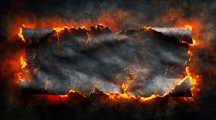 Dark metal background with fiery, torn edges and glowing flames, creating a dramatic and rugged effect