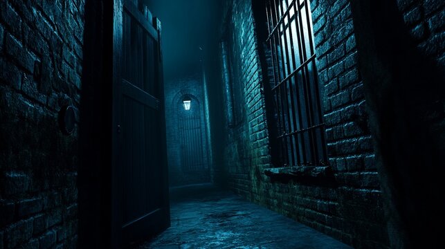 Dark prison alleyway; escapee fleeing; night; film backdrop