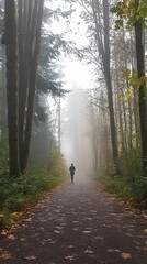 Fototapeta premium Person jogging misty wooded path; autumn leaves.