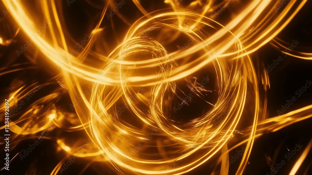 Poster abstract golden light trails creating a dynamic and swirling pattern against a dark background