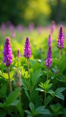 Obraz premium A lush carpet of Salvia nemorosa Caradonna Balkan Clary in a sunny meadow, texture, stems