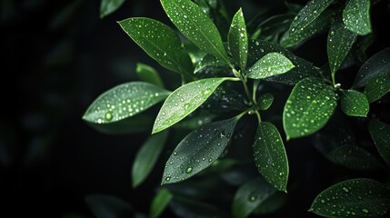 Lush green leaves, rain droplets, dark background, nature photography, website banner