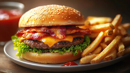 Juicy Bacon Cheeseburger with Crispy Fries Fast Food Meal