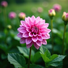 Obraz premium A majestic dahlia flower amidst a sea of lush green foliage with soft purplish hues, plant stems, botanicals, green