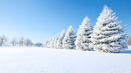 Obraz premium Snow-covered pines in winter field, sunny day. Landscape use