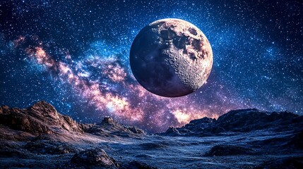 Curtains Alien Planet Landscape With Large Moon And Starry Sky