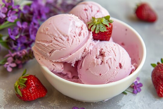 Refreshing strawberry ice cream scoops sitting in white bowl, decorated with fresh strawberries and flowers